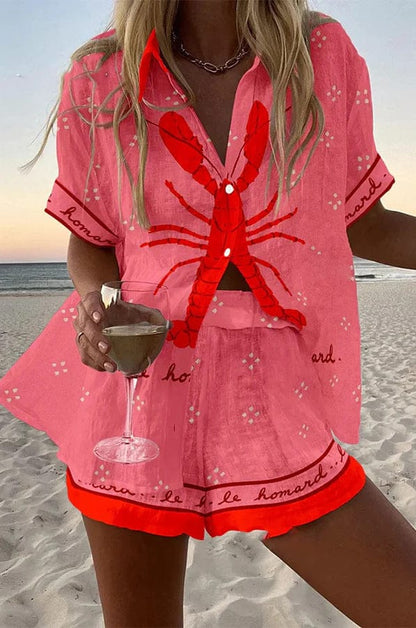 Xyla | Conjunto Camisa + Shorts Lino Coral Estilo Playa